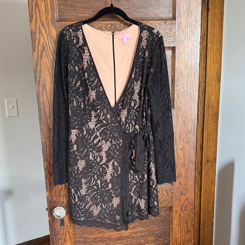 Lilly Pulitzer Black Lace Long Sleeve Wrap Romper